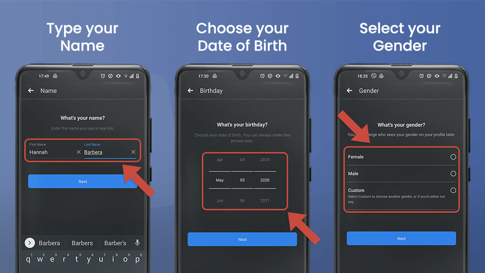 Type Name, Choose Birthday, and Select Gender on Facebook