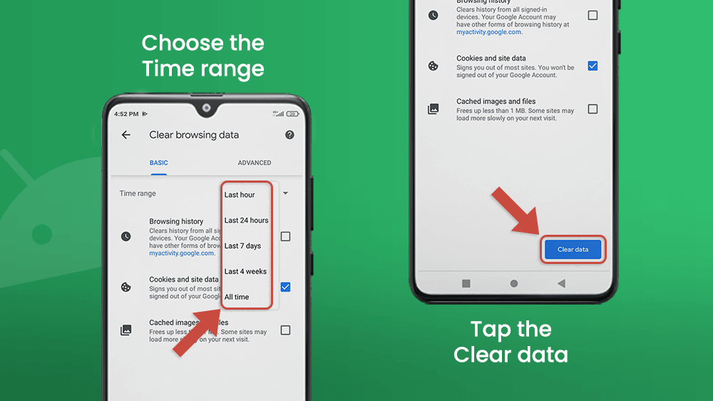 clear cache and cookies in android