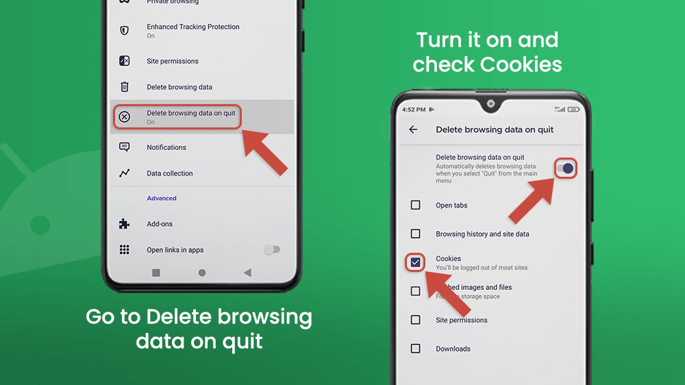 Delete Browsing Data on Quit in Mozzila Firefox on Android Smartphone