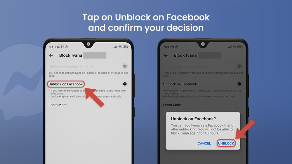 Unblock on Facebook in Facebook Messenger App