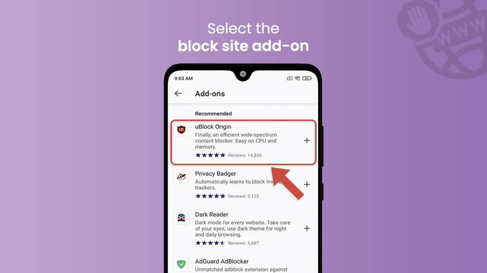 39. Select the block site add-on in Mozilla Firefox on Android