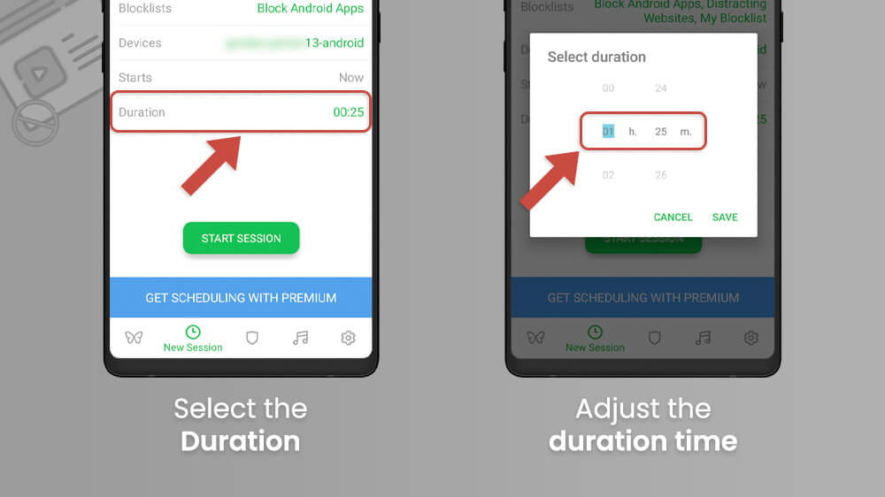 7. Select the Block Duration Time on Freedom App on Android