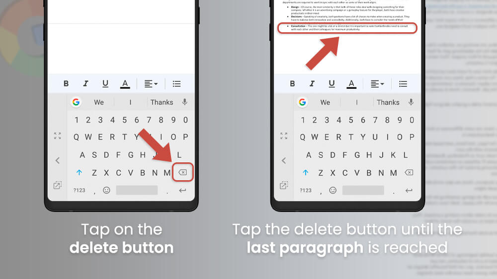 8. Tap the Delete Button Until the Last Paragraph in Google Docs