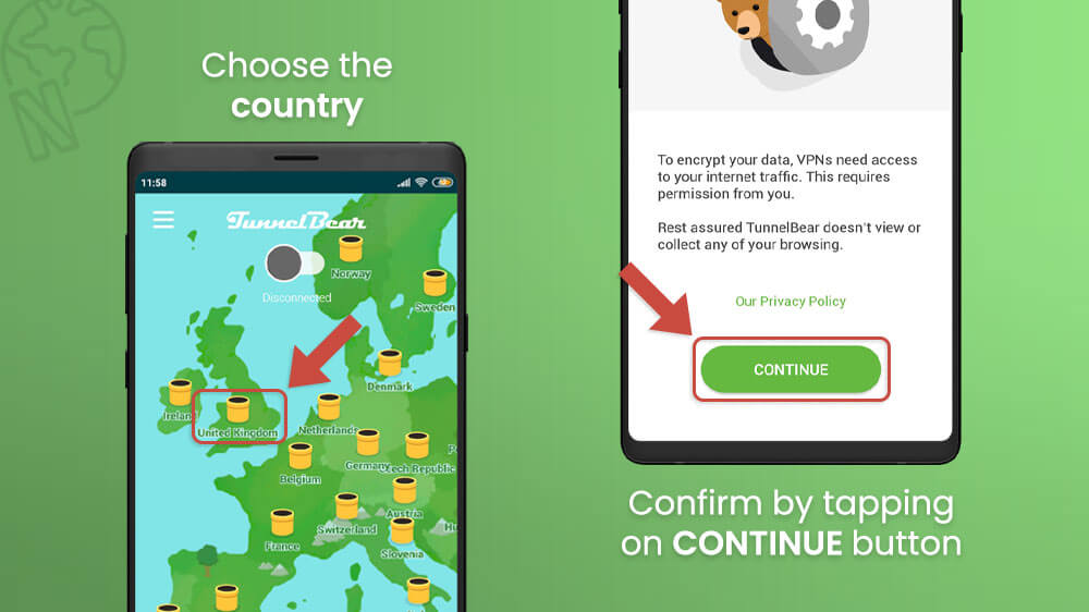 9. Choose the country in Tunner Bear VPN