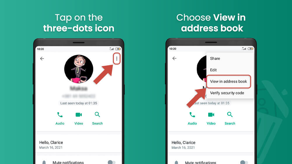 3. Choose View in address book in WhatsApp