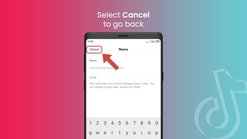 4. Select cancel to go back in TikTok app